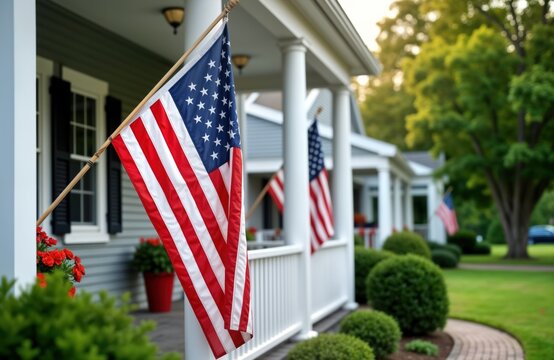 American flag proudly displayed on porch of house. Patriotic display national pride, love for country. Peaceful neighbourhood scene with houses, trees in background. Outdoor display likely for