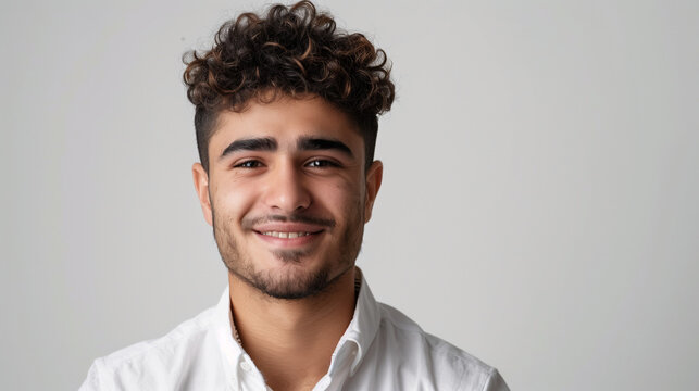 Portrait of a person. Palestinian man male in white shirt. Studio with white background close-up