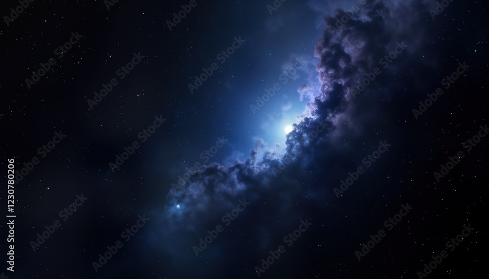 Wall mural dark space nebula with glowing light, stars. abstract cosmic space landscape. deep cosmic view. purp