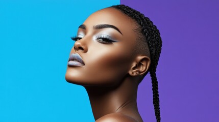 Young african female with braided hair and blue eyeshadow on dual-tone background