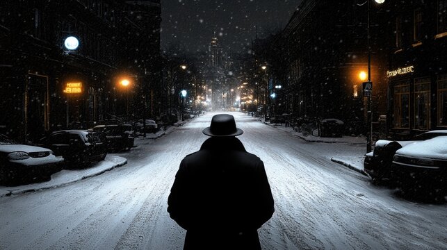 Mysterious figure in snowy evening urban street