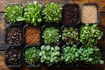 Delicate arrangement of vibrant microgreens in trays on dark wood surface with moody lighting