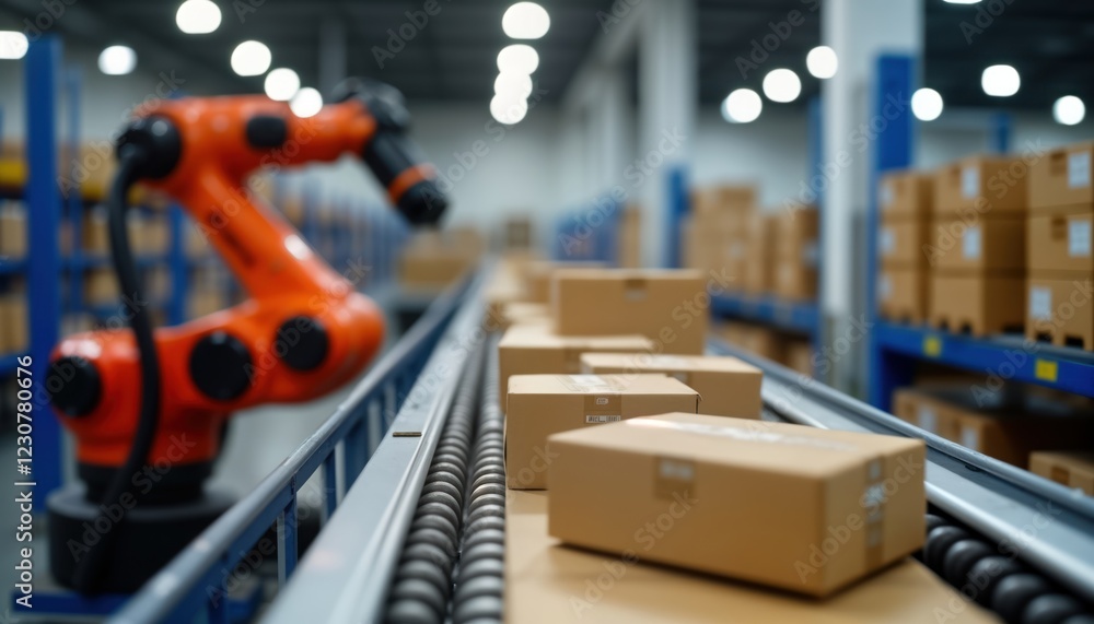 Poster automated robotic arm sorts packages on conveyor belt in modern warehouse. packages move along syste