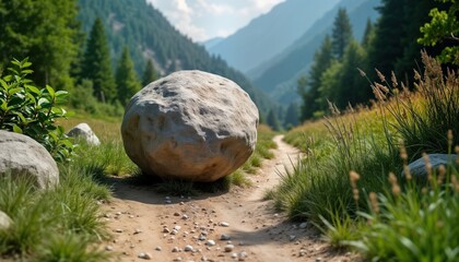 Large boulder blocks narrow pathway in natural landscape. Nature emotional obstacles on healing journey. Mountain valley setting. Path represents progress. Stone represents challenging emotional