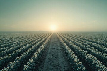 Obraz premium Vast sunflower field at sunrise, rows stretching to a bright sun in a hazy morning.