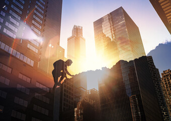 Never give up, work hard to reach your goals, self belief, mental health, success in the city, Man climbing up mountain.