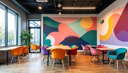 Modern office space with vibrant colorful accent walls. Stylish furniture like colorful chairs, wooden table create casual yet professional setting. Empty space suggests flexible, open environment.