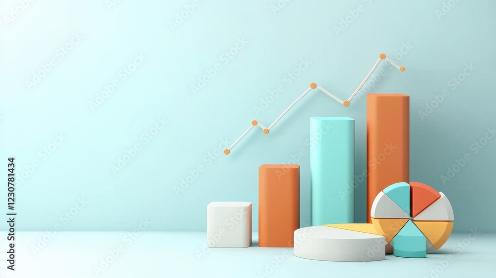 Poster modern geometric 3d shapes and charts composition for presentation and analytics