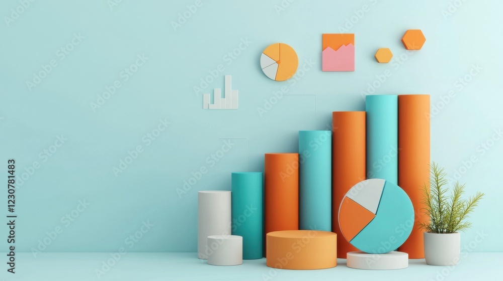 Poster geometric business infographic with colorful charts and graphs on mint background showing financial 