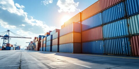 Stacked shipping containers at port terminal during sunset. Industrial cargo area with colorful freight boxes. Global trade and logistics concept