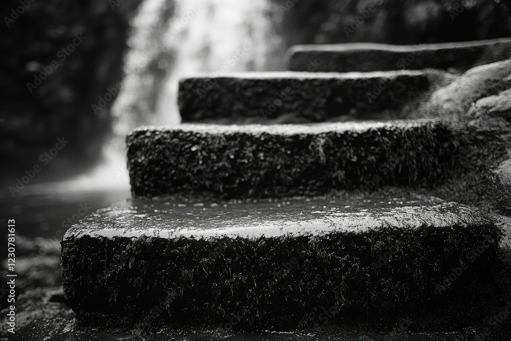 Aufkleber wet stone steps descend towards a blurred waterfall, creating a serene and mysterious atmosphere.