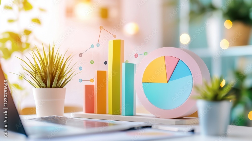 Poster vibrant workspace with data visualizations and office elements