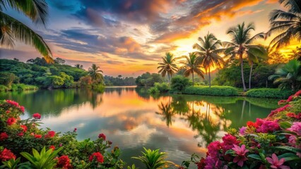 Obraz premium A serene and tranquil lake surrounded by lush greenery and vibrant tropical flowers at sunset, lake, paradise island