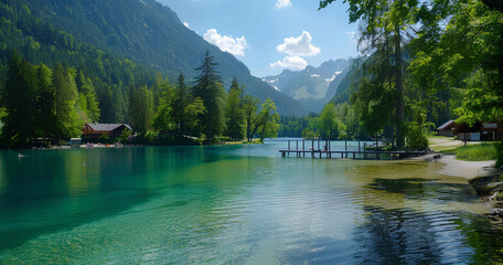 Tranquil lake surrounded by mountains and lush greenery during a sunny day, showcasing nature's beauty in a serene atmosphere with a wooden dock and rustic cabins