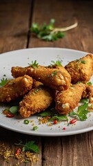 Fototapeta premium Golden Curry Breading-Coated Fusion Chicken Wings with Herb and Spice Garnish 