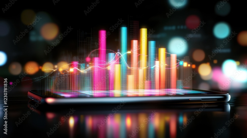 Poster Colorful Digital Data Visualization Dashboard on Mobile Device with Glowing Abstract Infographic Chart