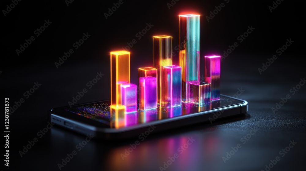Poster mesmerizing 3d neon infographic backdrop with glowing geometric shapes and data visualization