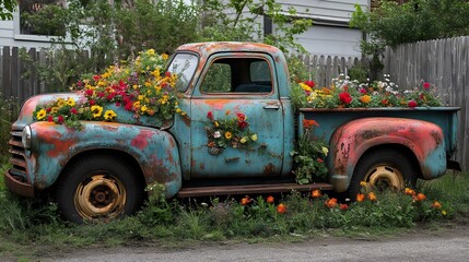 A truck is covered in flowers and is parked in a grassy area