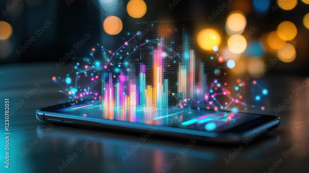 Poster glowing holographic data visualization on smartphone screen with colorful futuristic abstract backgr
