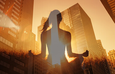 Work life balance. Woman meditating in a busy city environment. Stress control concept
