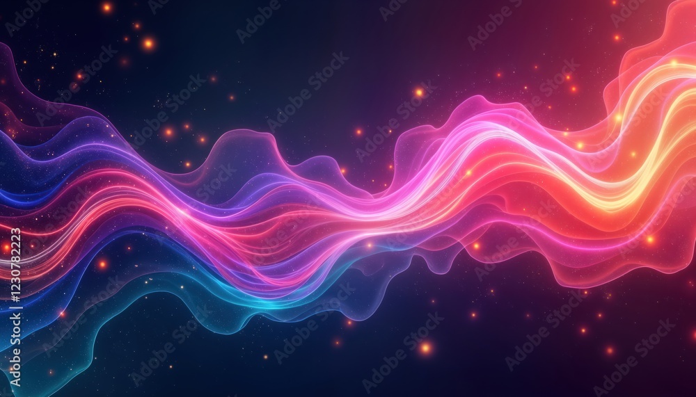 Poster dynamic fluid shapes in vibrant neon colors. abstract glowing plasma-like forms create flowing wave 