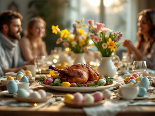 Festive Easter Family Dinner with Roasted Chicken and Decorated Eggs on Table