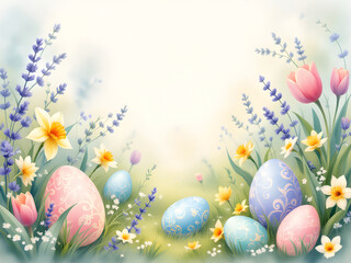 Vibrant Easter Scene with Eggs and Spring Flowers in Bloom