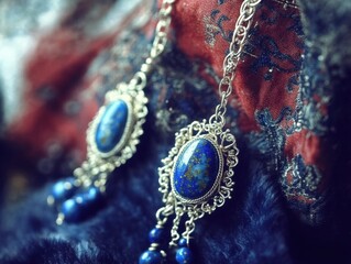 Minimalist close-up of traditional Afghan silver earrings with lapis lazuli gemstones