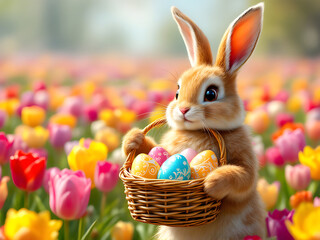 Cute Easter Bunny with Basket of Eggs in a Vibrant Tulip Field