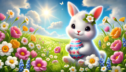 Cute White Bunny in a Vibrant Flower Meadow Under a Sunny Sky for Easter