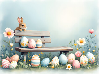 Easter Bunny with Colorful Eggs and Spring Flowers in a Peaceful Garden