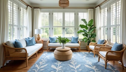 Coastal style sunroom boasts white plantation shutters, breezy curtains. Rattan furniture creates relaxed atmosphere. Light blue, white patterned rug complements decor. Sunlight streams in through