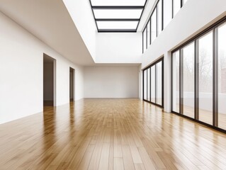 Fototapeta premium A large room with a lot of windows and a wooden floor. The room is empty and has a lot of natural light