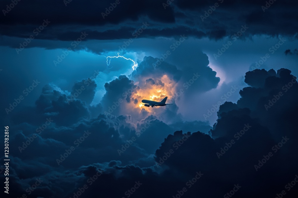 Poster airplane navigates turbulent stormy clouds with lightning above during evening flight. generative ai