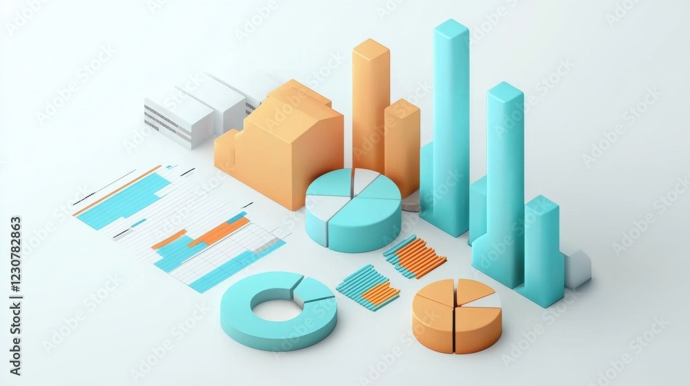 Poster vibrant 3d geometric shapes composition for data visualization and analytical presentation