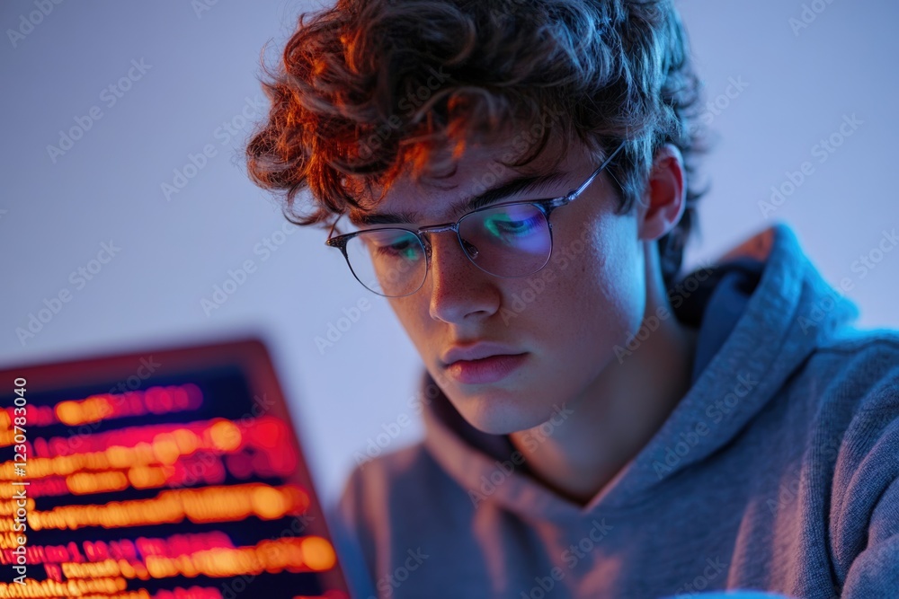 Poster focused young programmer with glasses intensely coding on laptop at night, illuminated by screen glo