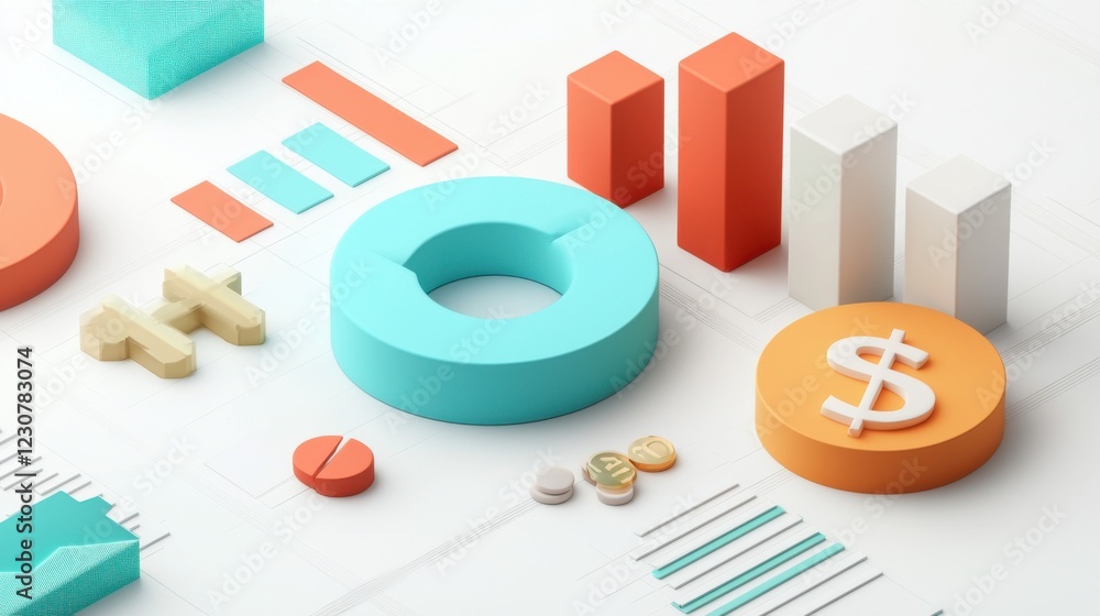 Poster vibrant geometric financial data visualization with colorful cubes charts and graphs for business an
