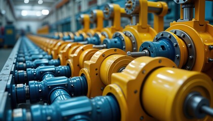 Industrial hydraulic system with interconnected pistons, mechanical parts in action. Yellow, blue components show precision engineering, tech innovation. Interconnected system emphasizes efficiency,