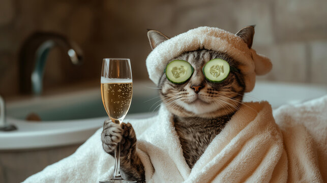 Cat relaxing in spa with cucumber slices on eyes. Cute cat in a bathrobe and turban on spa treatments after bath. Beauty procedures, wellness, relaxation concept. Pet grooming, domestic pets treatment