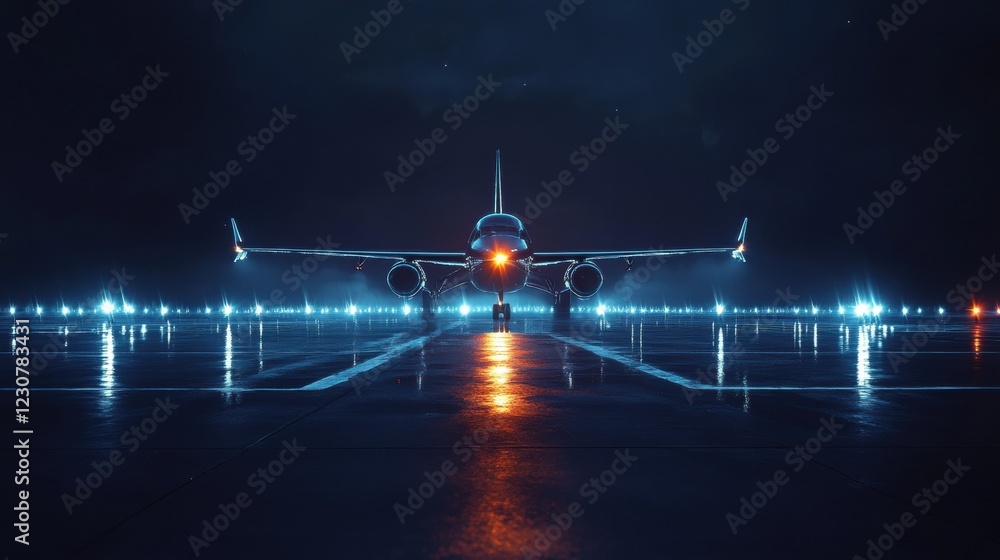 Poster airplane on illuminated runway at night with vibrant navigation lights in clear weather. generative 
