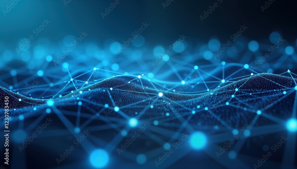 Poster abstract illustration of generative ai tech connections. glowing blue lines, nodes form complex netw