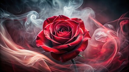 Elegant rose with intricate petal details, surrounded by a swirl of vibrant red smoke that appears to be moving in a gentle, ethereal dance , atmospheric, red smoke