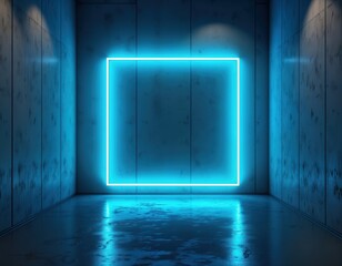 Neon blue square frame highlights gritty urban room. Stylish wallpaper background. Futuristic interior design with moody lighting. Trendy, modern aesthetic for tech design projects. Illuminated space