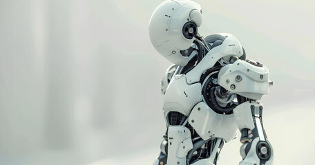 Fototapeta premium Futuristic humanoid robot examines its surroundings in a sleek, minimalistic environment, showcasing advanced technology and design aesthetics