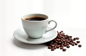Fototapeta premium White cup of dark coffee on saucer. Roasted coffee beans scattered around. Isolated on white background. Hot beverage. Perfect for breakfast morning break. Fresh aroma of coffee. Simple, elegant
