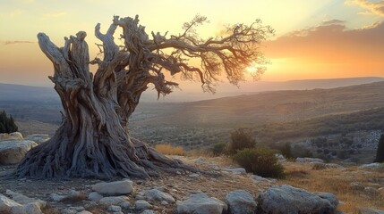A gnarled, withered tree stands at dawn in Israel