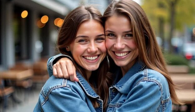 Two smiling women with brown hair wearing blue jean jackets posing together outside