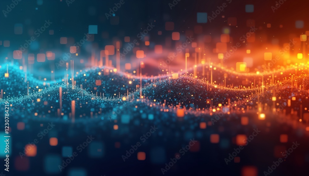 Poster abstract digital data visualisation shows dynamic network flow. colorful glowing particles, squares 