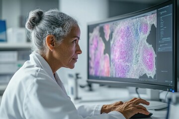 Senior scientist meticulously analyzes microscopic cellular structures on a large computer monitor in a modern laboratory setting.