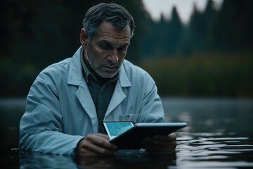 Fototapeta premium A scientist, waist-deep in water, examines data on a tablet, studying aquatic life.
